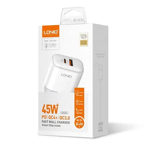 CARREGADOR TOMADA LDNIO 45W EU 1 USB-C + 1 USB-A C/CABO USB-C PARA USB-C 1M FAST CHARGER/PD/QC3.0/PPS BRANCO