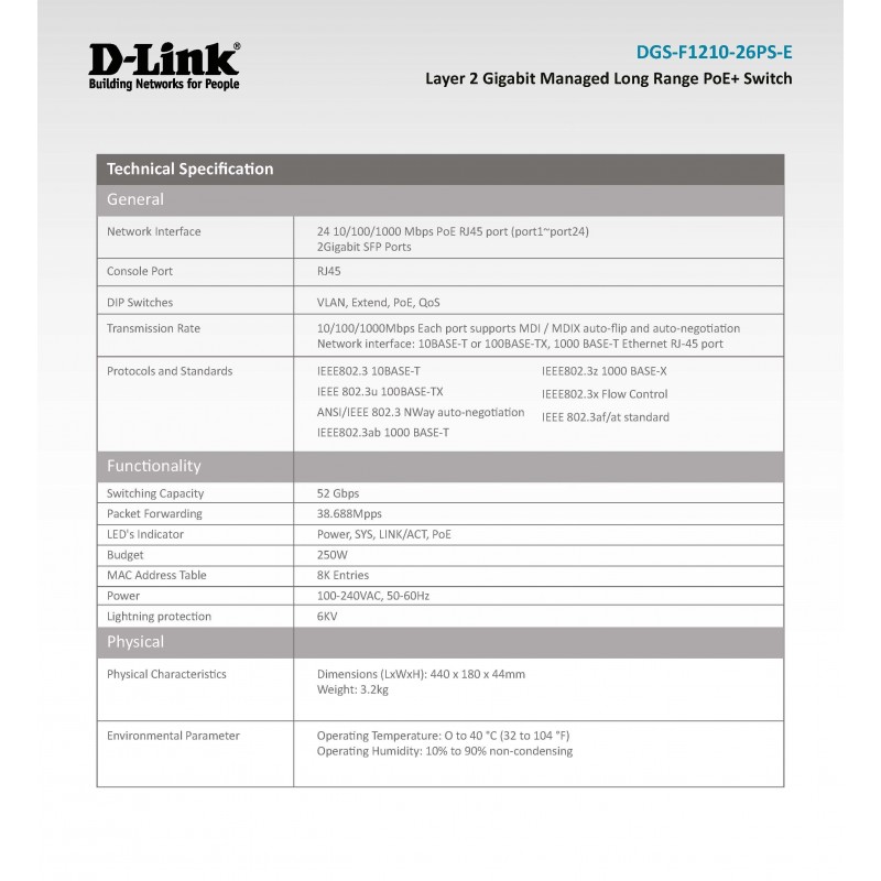 SWITCH 26 DLINK 10/100/1000 C/GESTÃO LONG RANGE 250M 24X POE 2X SFP 250W