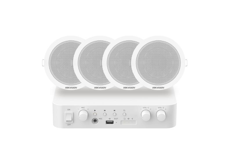 Kit de áudio híbrido com amplificador de rede de 80 W e 4 alto-falantes de teto de 6 W
