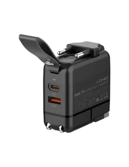 CARREGADOR TOMADA LDNIO 65W EU/UK 2 USB-C + 1 USB-A C/CABO USB-C PARA USB-C 1M FAST CHARGE PD/QC PRETO